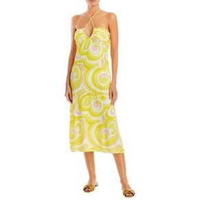 Aqua Yellow and White Swirl Midi Dress
